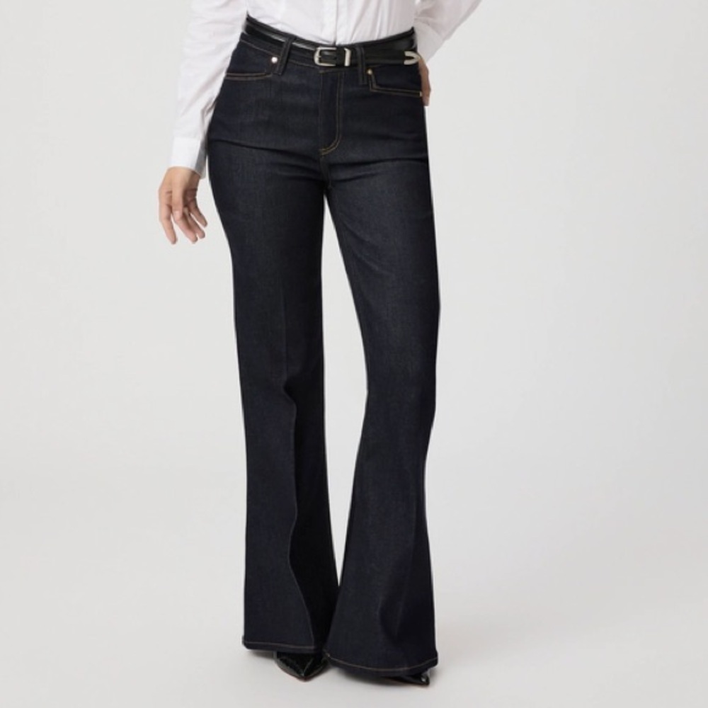Paige Womenโs Charlie Flare Jean High Rise Kira Dark Blue Wide Jean 28